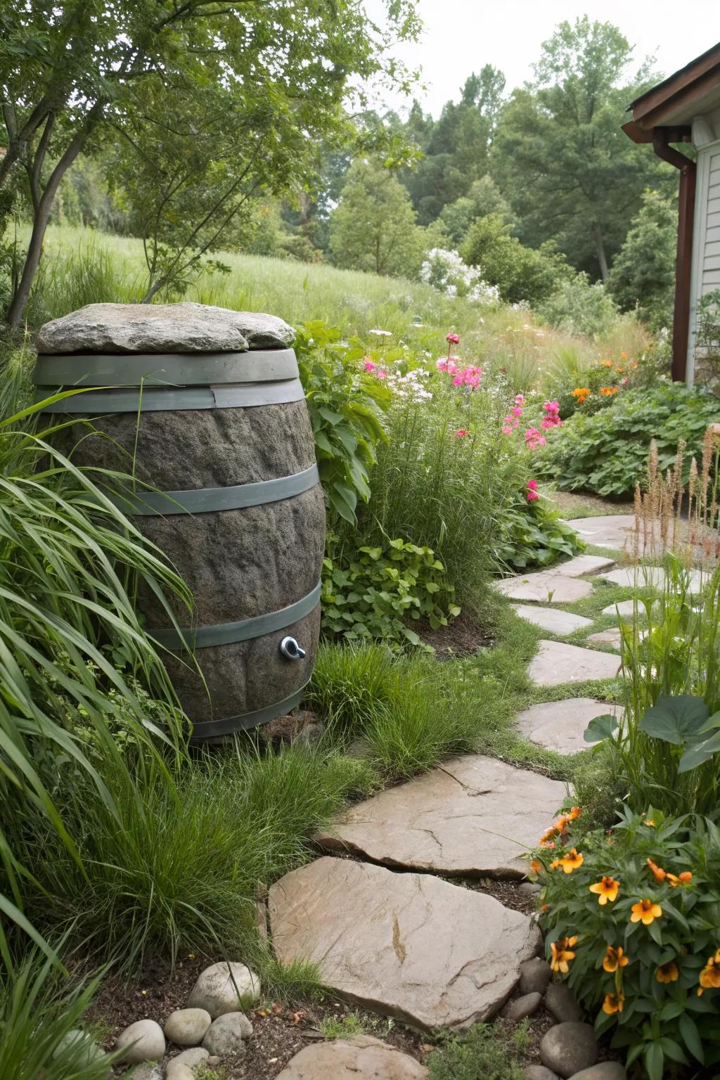 Seamless integration with a faux rock-covered rain barrel.