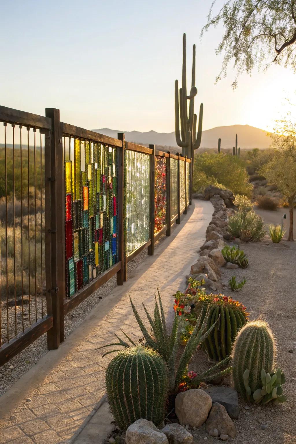 A recycled glass fence makes a colorful, eco-friendly statement.