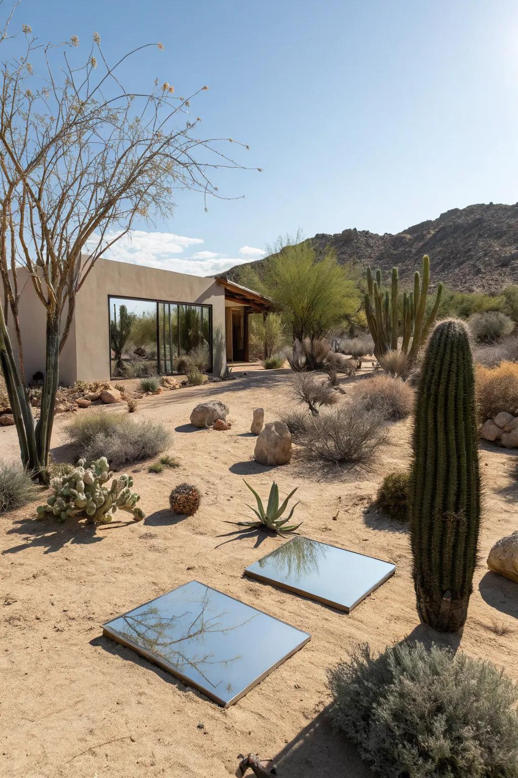 Reflective surfaces enhance light and interest in this desert front yard.