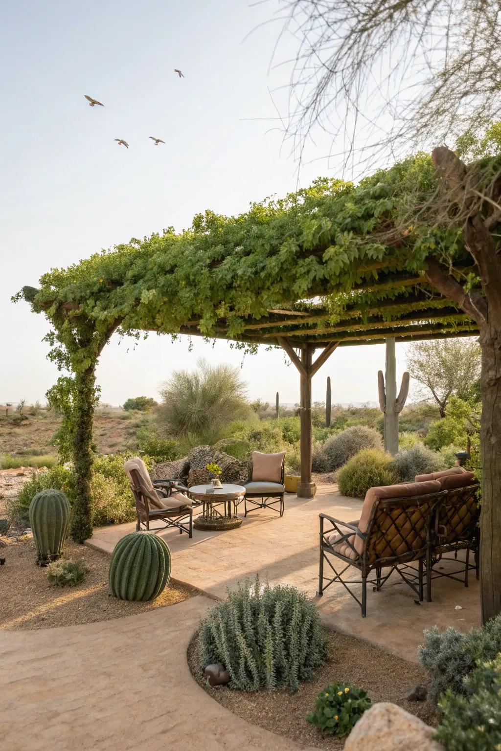 Shade structures create comfortable outdoor retreats.
