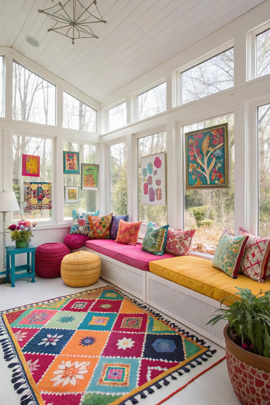 Vibrant sunroom with colorful decor accents.