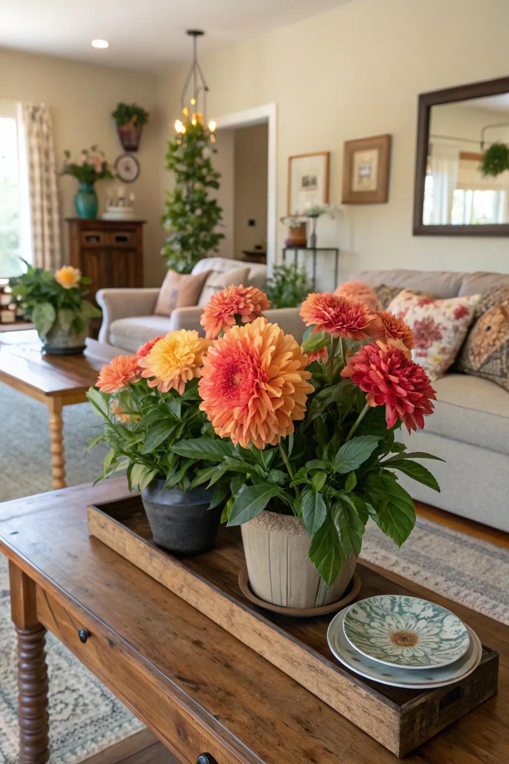 Indoor planters with dinner plate dahlias serving as a living room centerpiece.