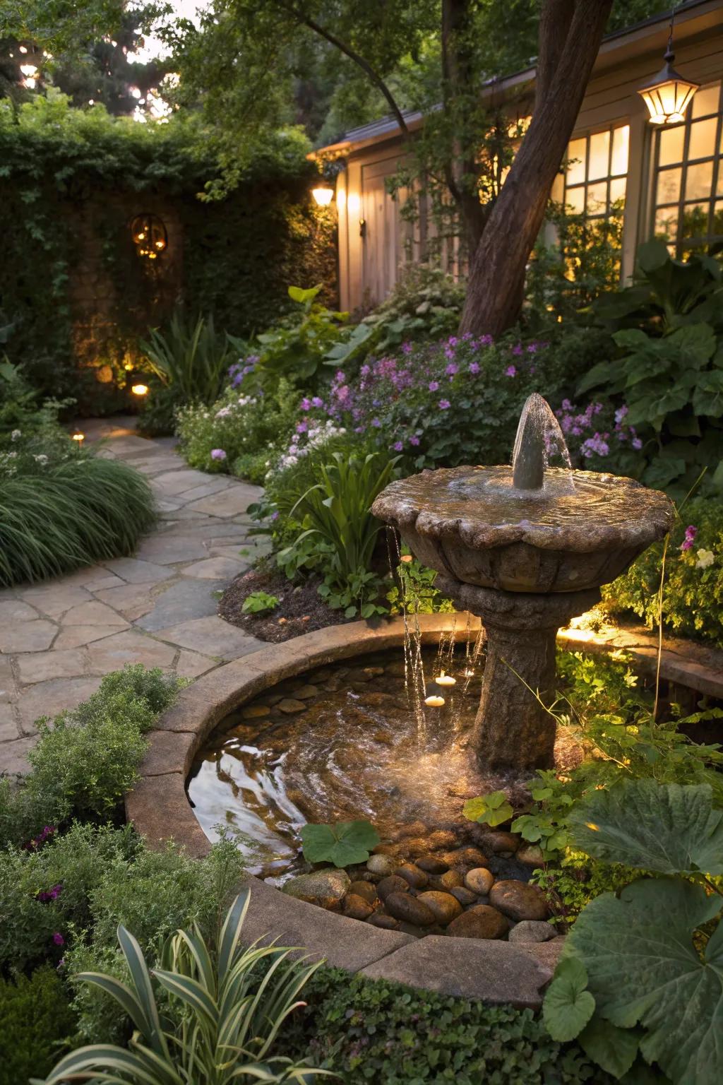 A hidden disappearing fountain adds a magical touch, revealing itself up close.