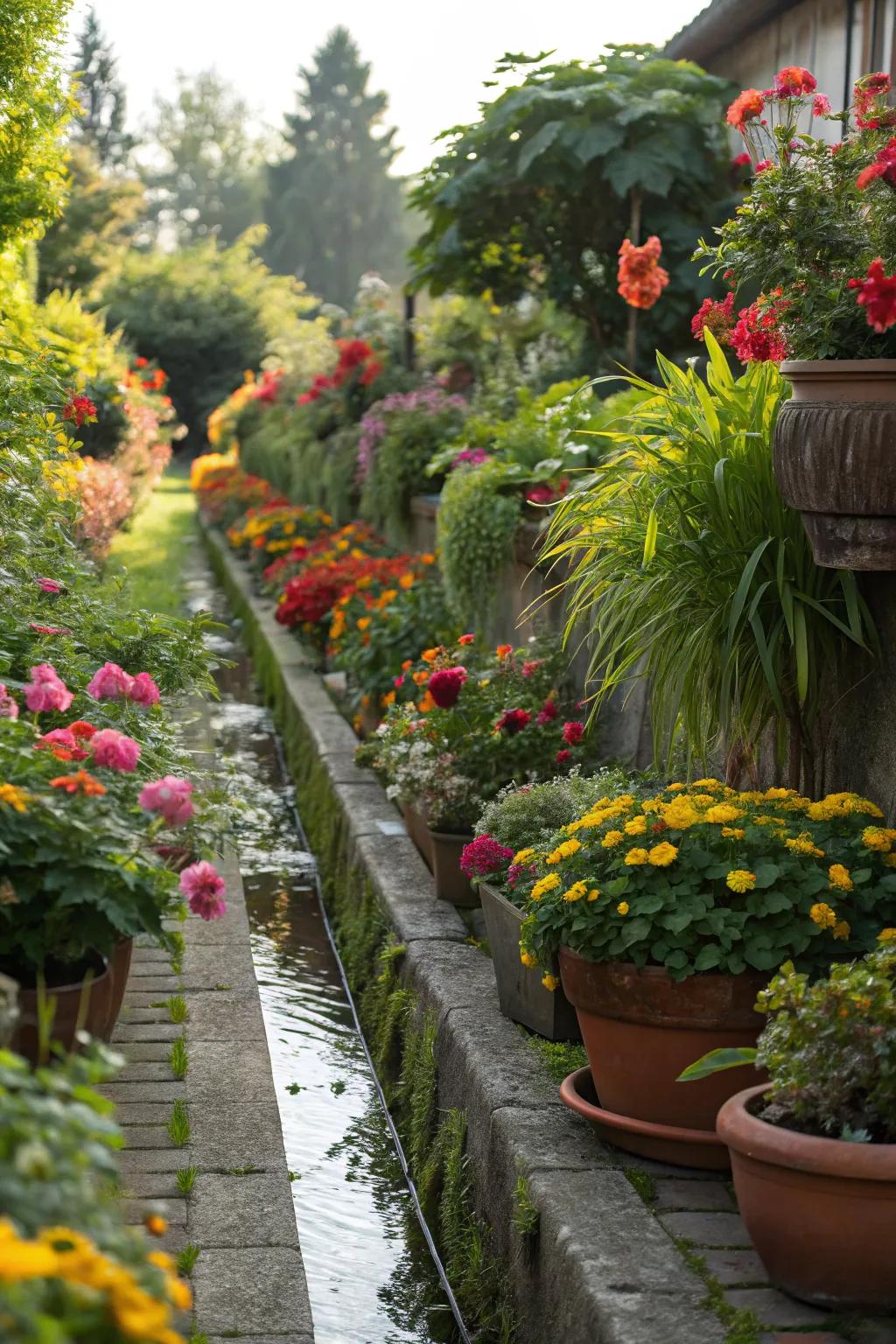 Enhance your ditch with colorful potted plants.