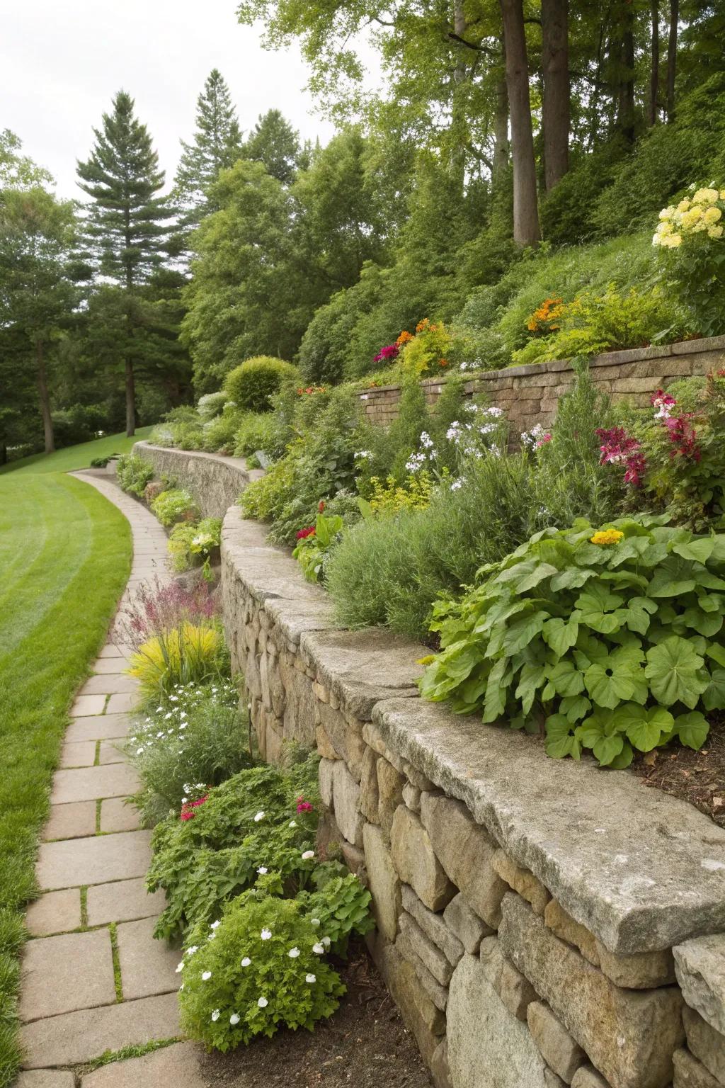 A retaining wall manages water flow while enhancing garden aesthetics.