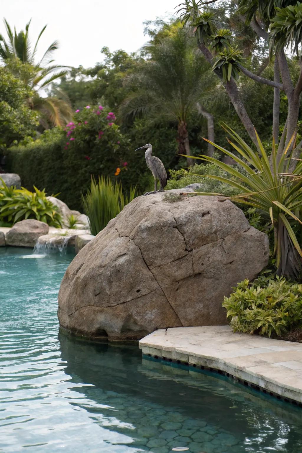 A diving rock surrounded by plants that attract beautiful local wildlife.