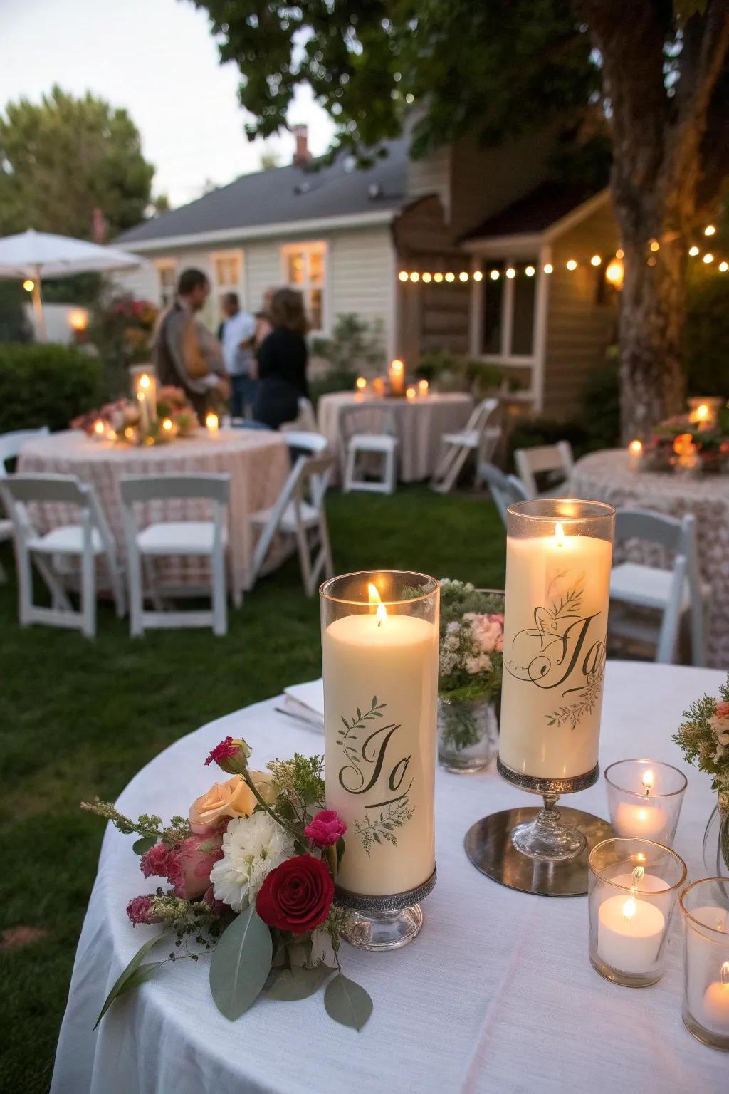 Personalized candle holders add a warm glow and personal touch.