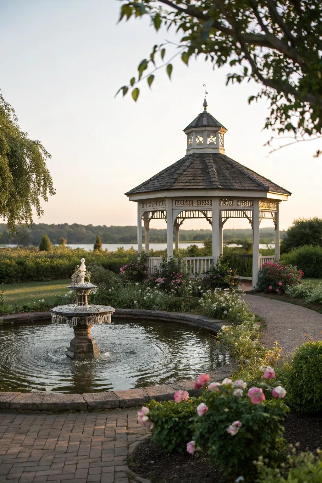 A gazebo with a water feature for a peaceful setting.