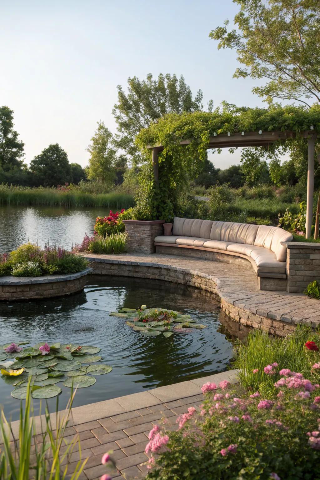 Relax with integrated seating around your pond.