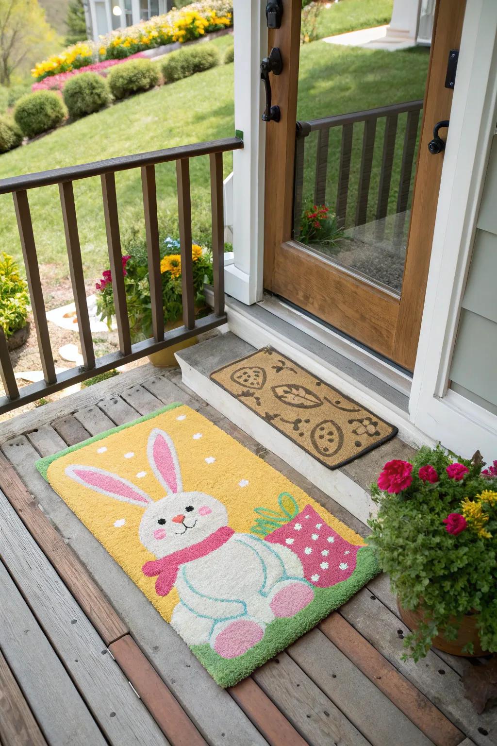 A bunny doormat adds playful Easter cheer.