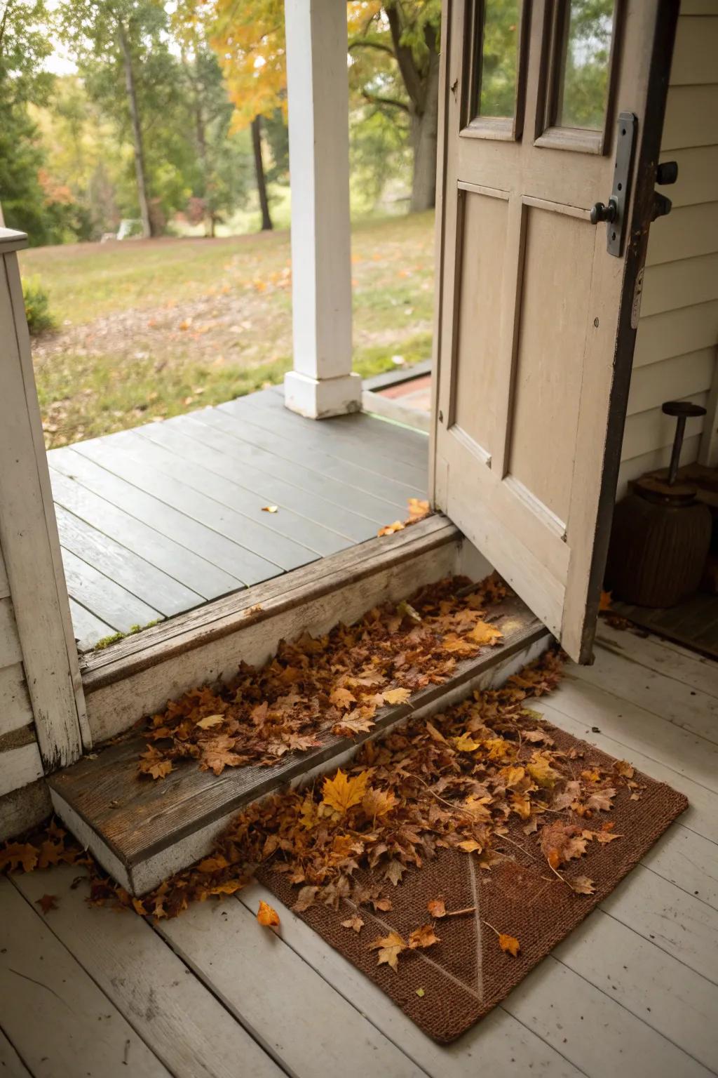 Eco-friendly leaf mat welcoming visitors.