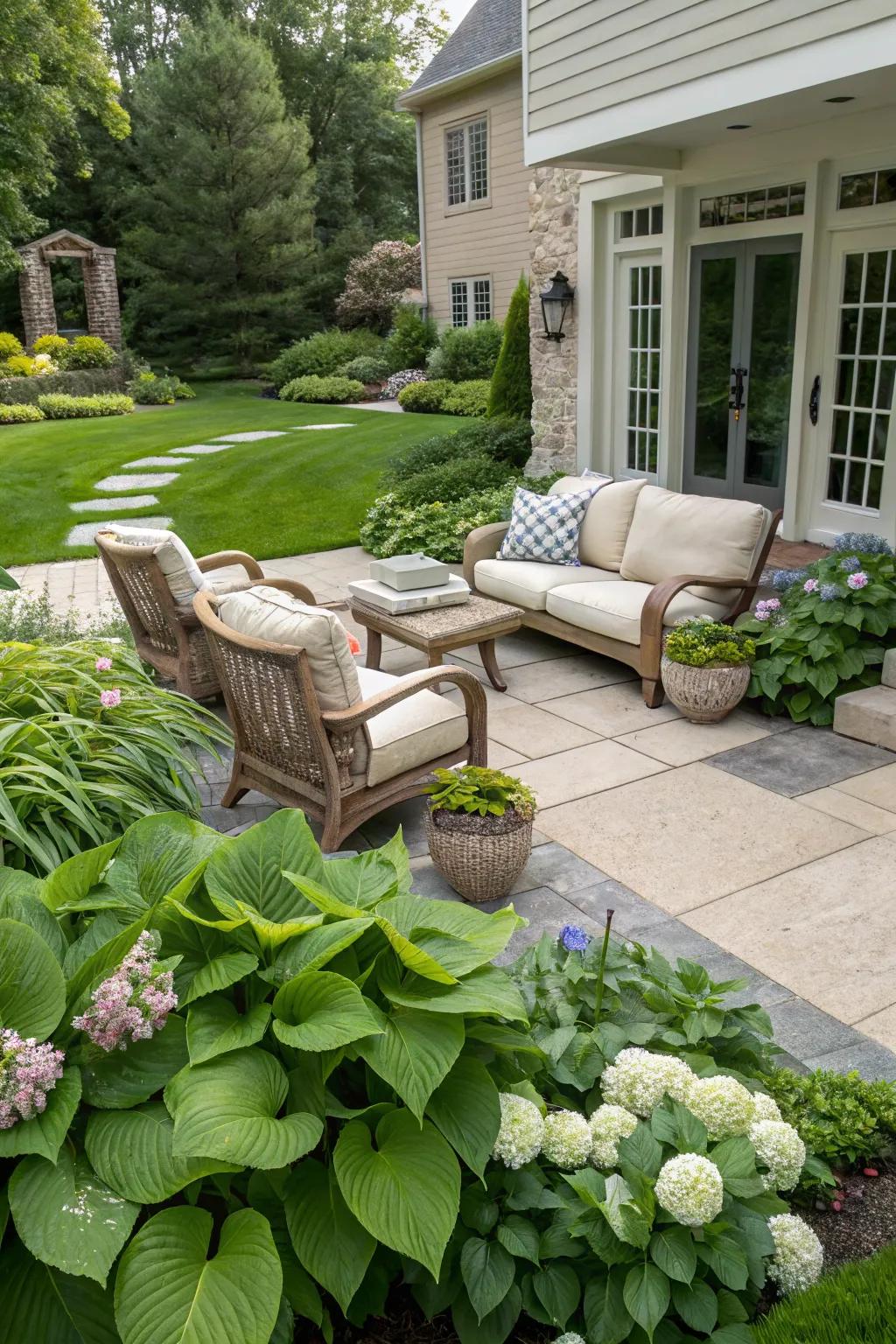 A seating area provides a welcoming spot to enjoy your garden.