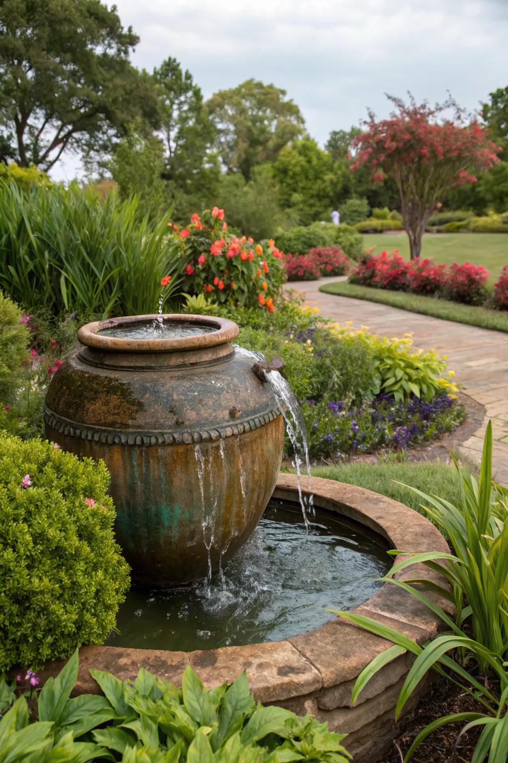 Add a splash of color with a ceramic pot fountain.