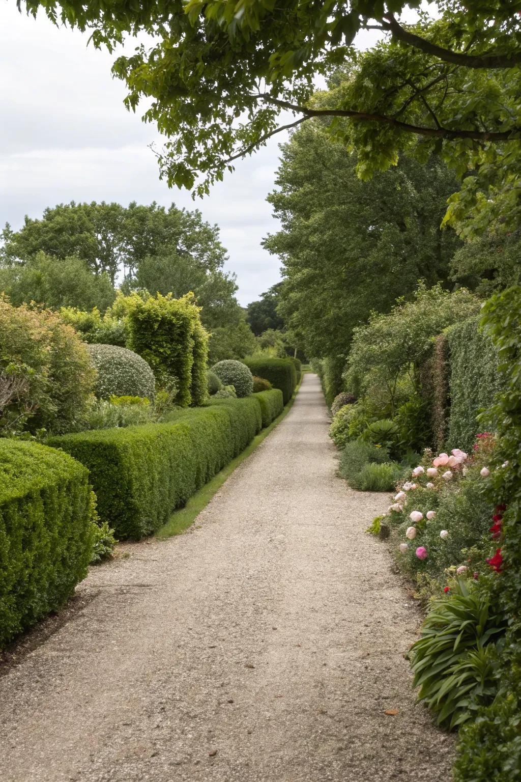 Hedges and shrubs provide a natural, verdant boundary.