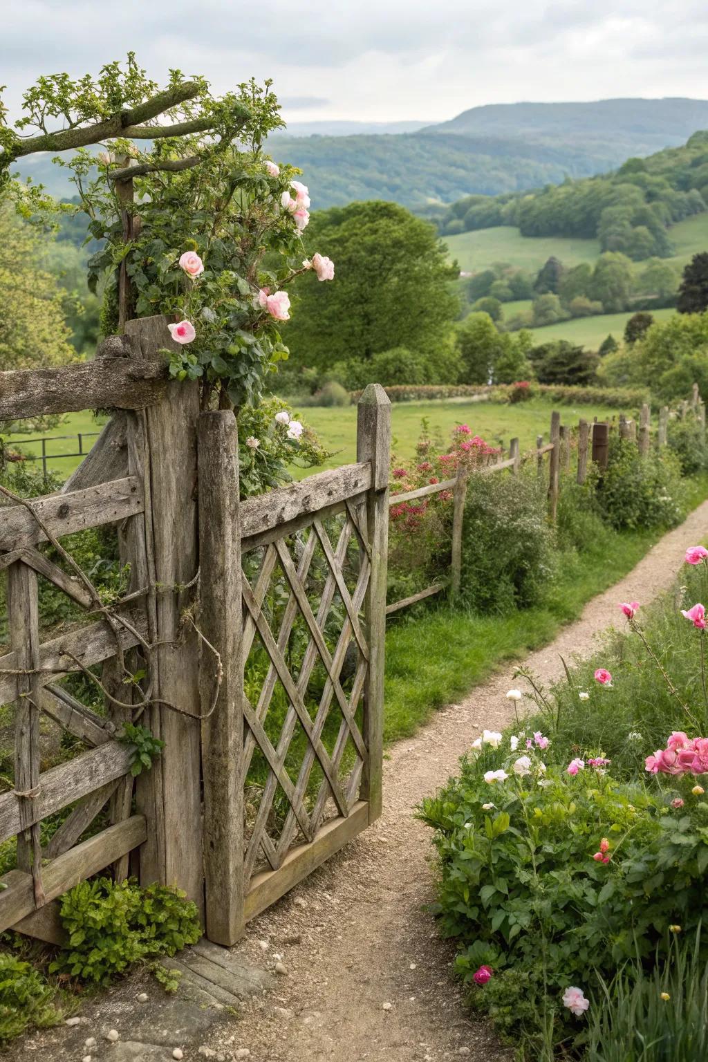 Add rustic charm with a lattice fence crafted from reclaimed wood.