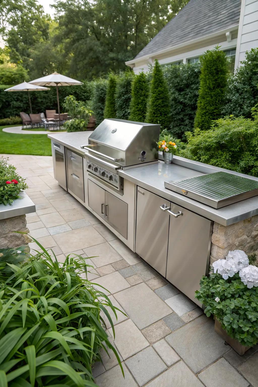 Modern elegance with stainless steel countertops.