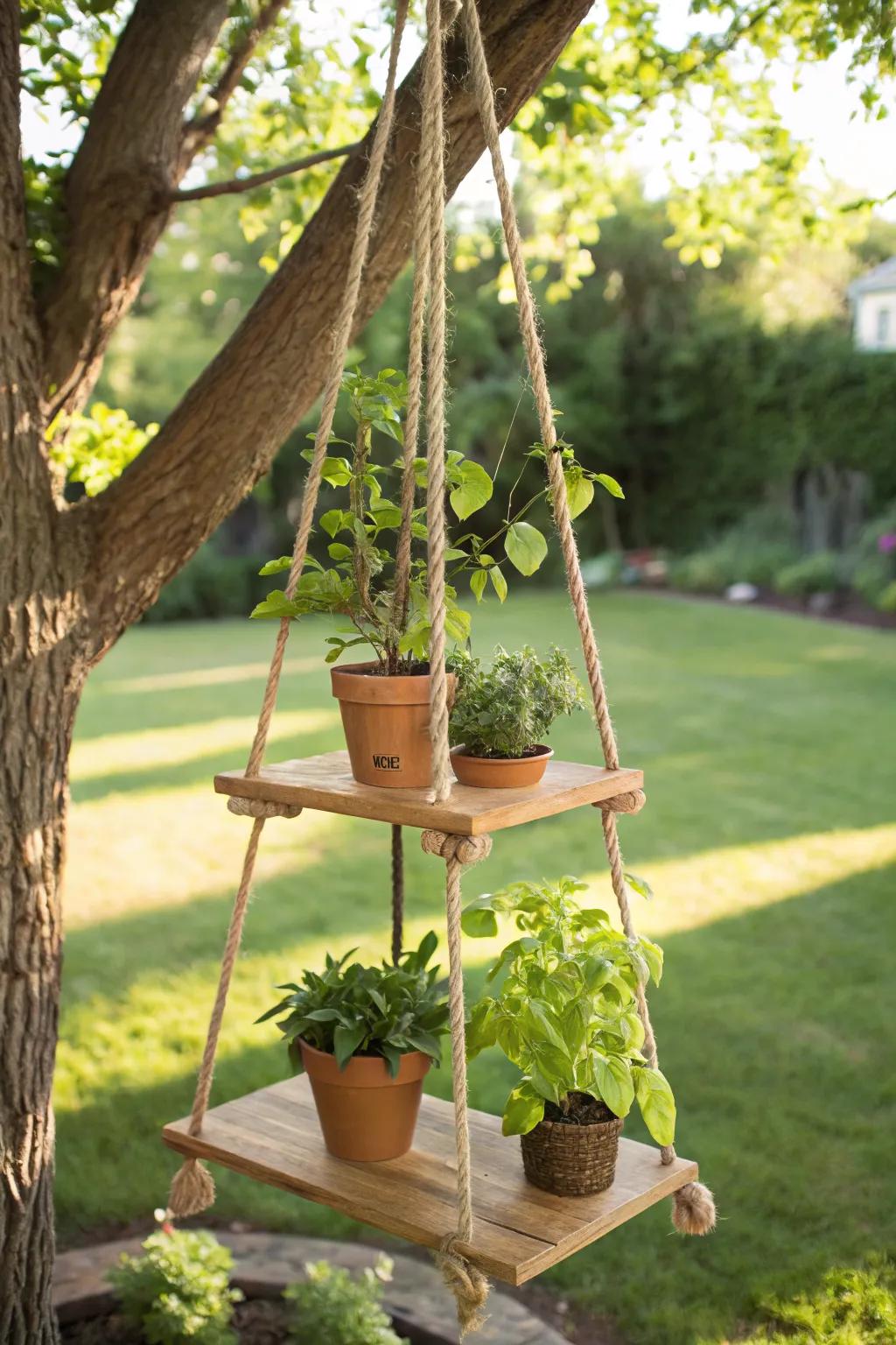 Create a boho look with a hanging rope shelf for your plants.