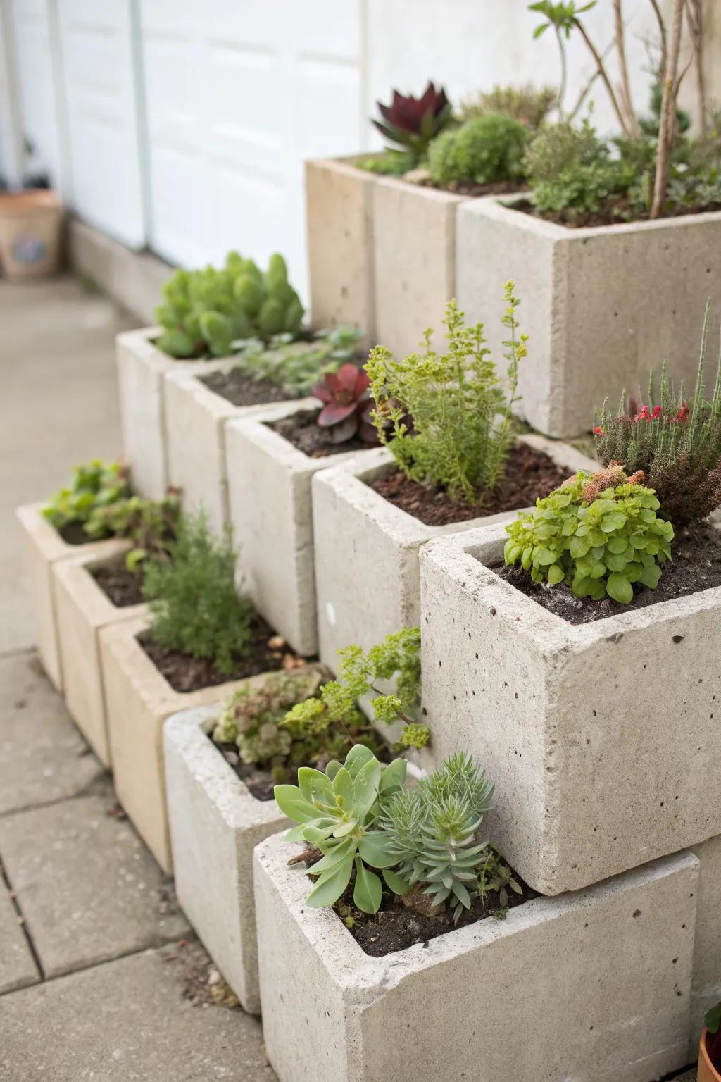 Concrete block planters offer a modern, geometric aesthetic.