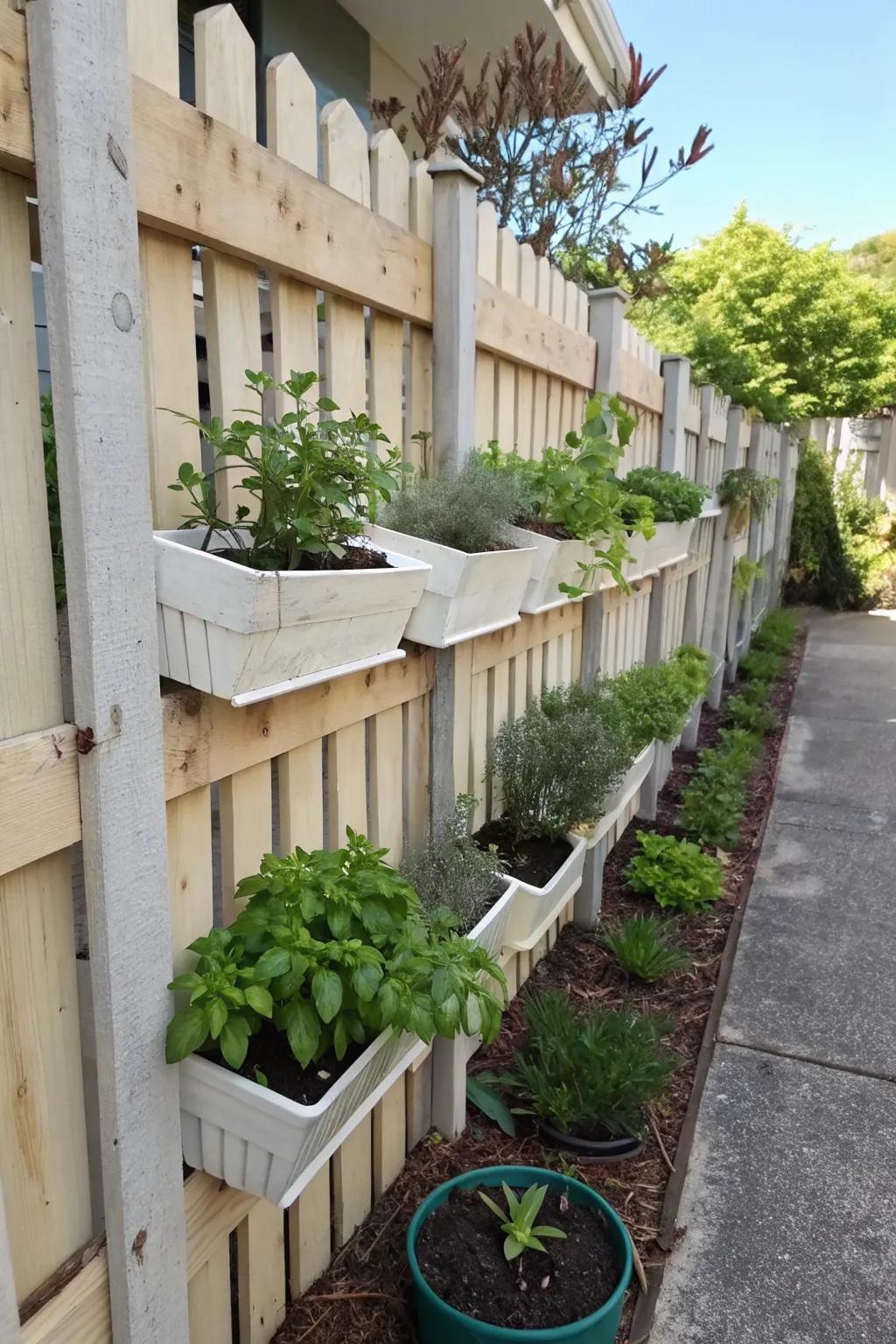Enjoy fresh flavors with a pallet fence and herb planters.
