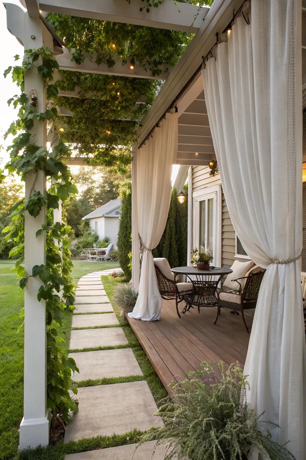 A pergola with drapes offers stylish privacy and elegance.