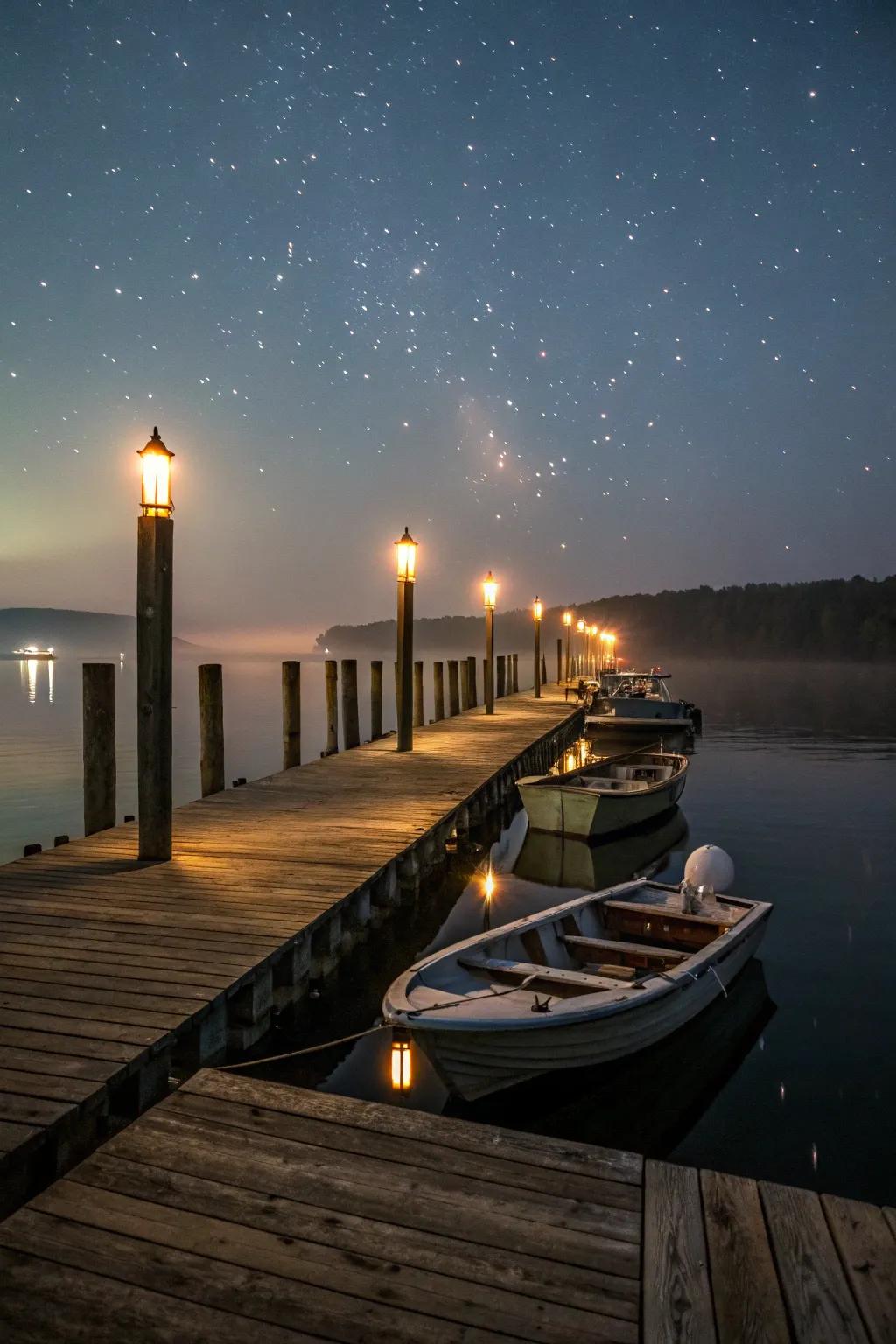 Piling lights creating a subtle ambiance around a dock.