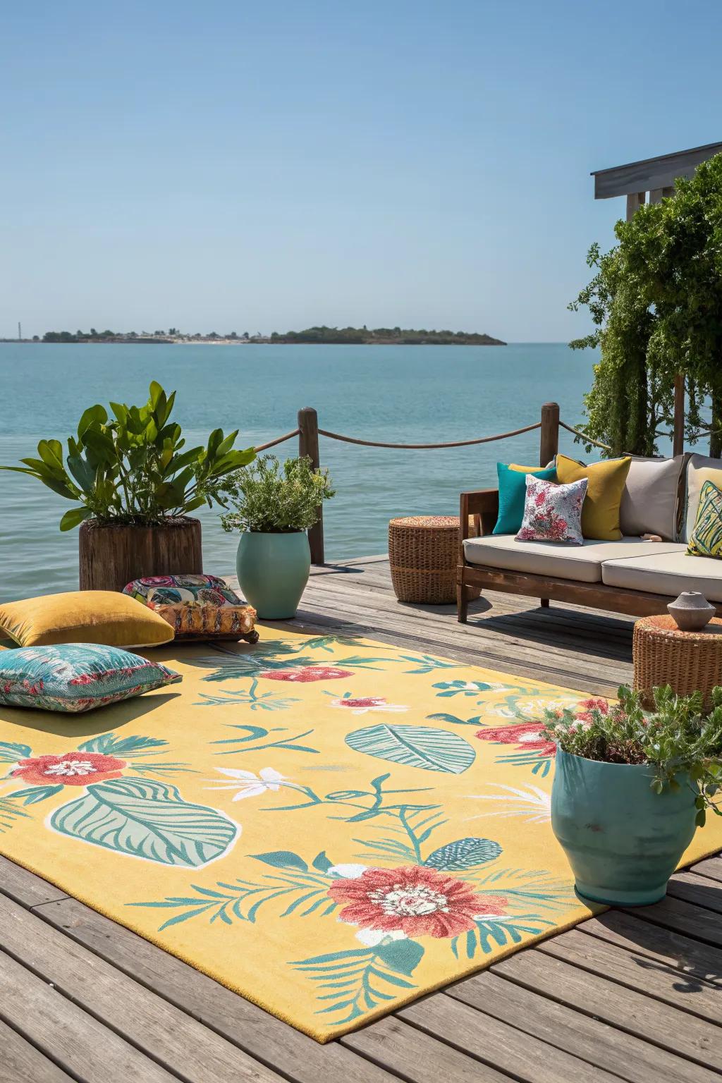 Outdoor rugs bring color and definition to dock seating areas.
