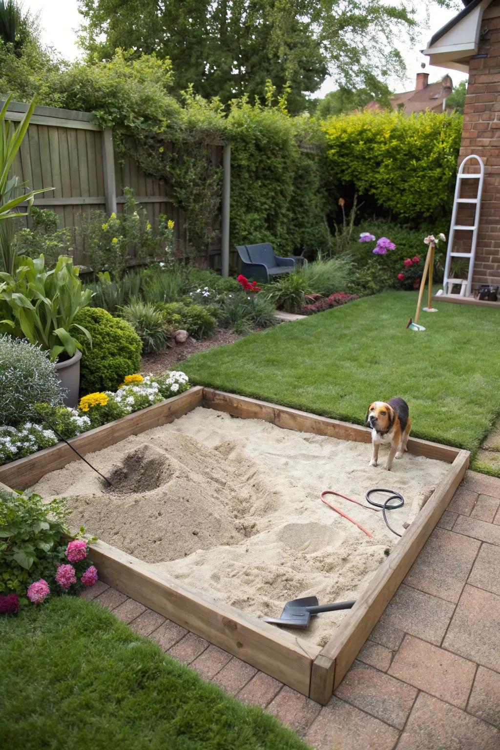 Sand-filled digging pit for dogs in the garden