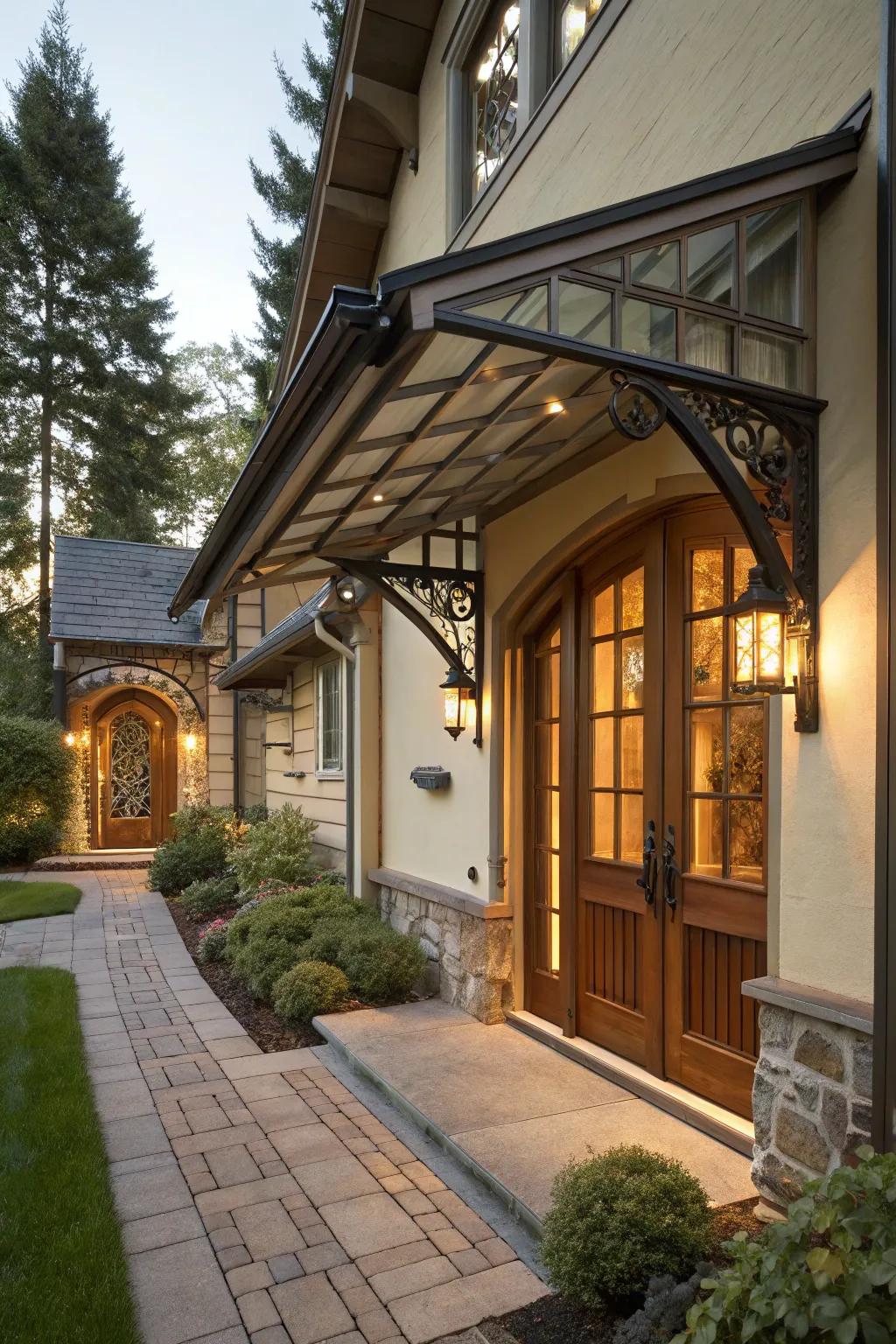 Layered designs add depth to this door awning.