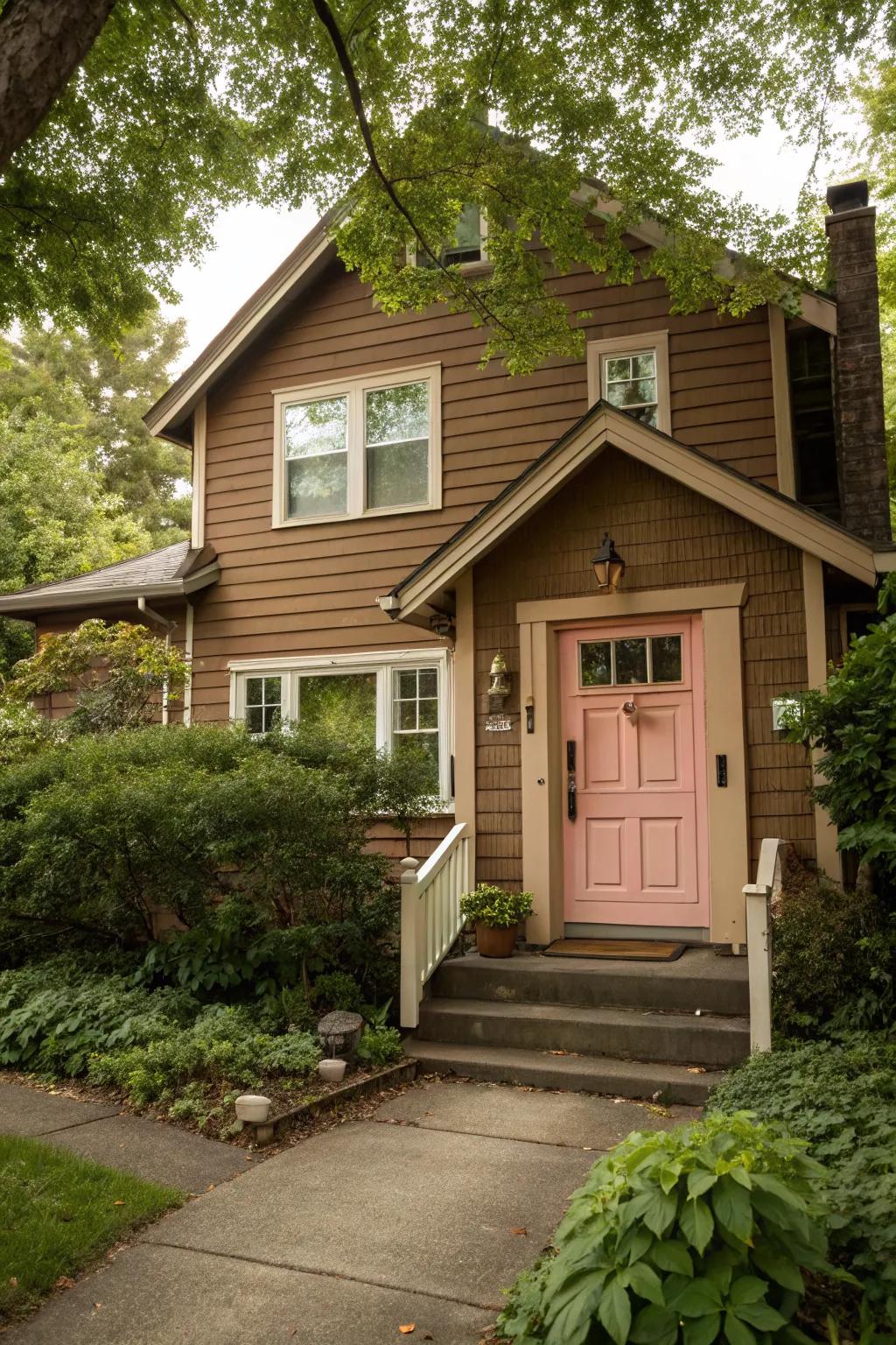 Blush pink doors create a warm, inviting entrance.