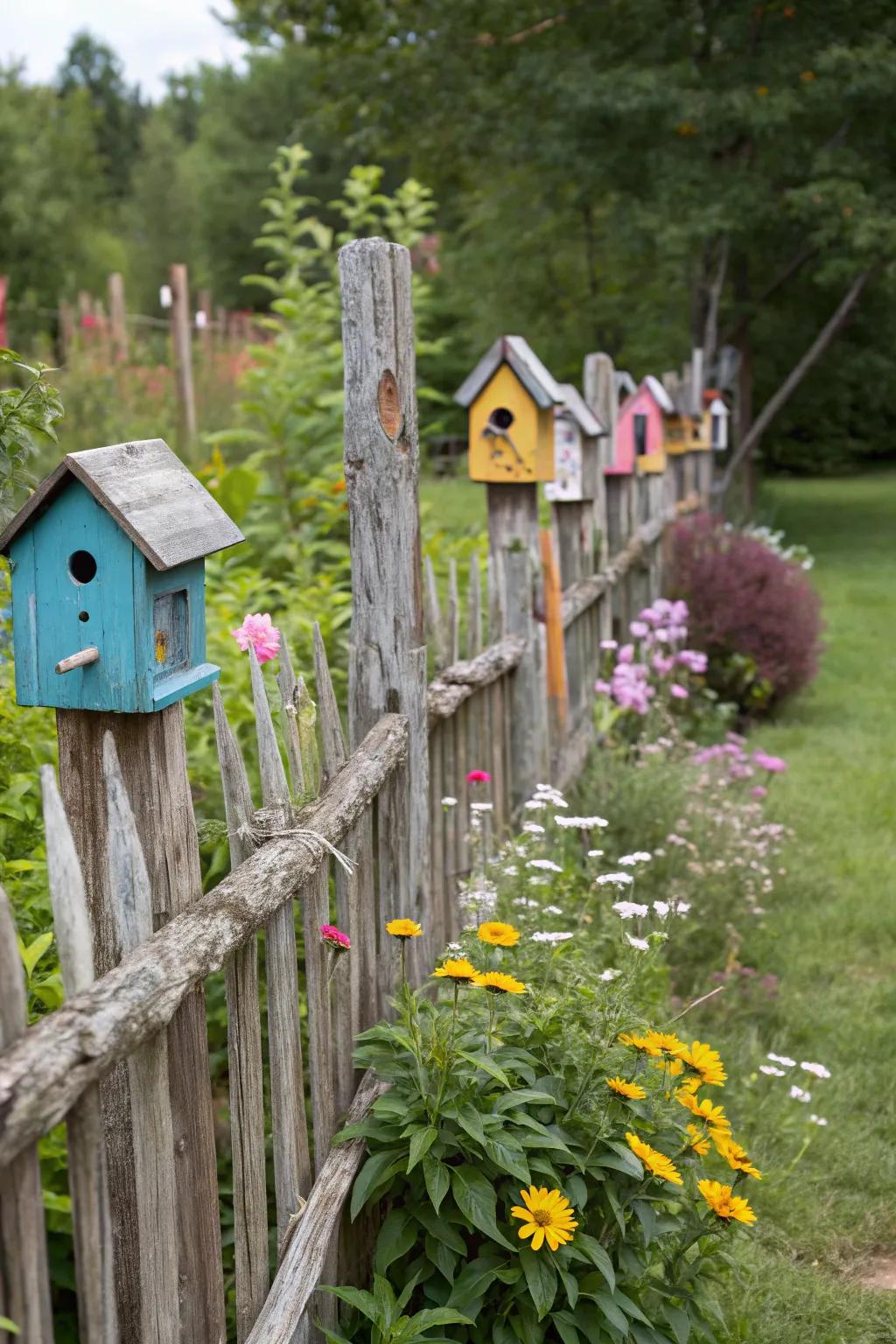 Birdhouses on a driftwood fence invite feathered friends.