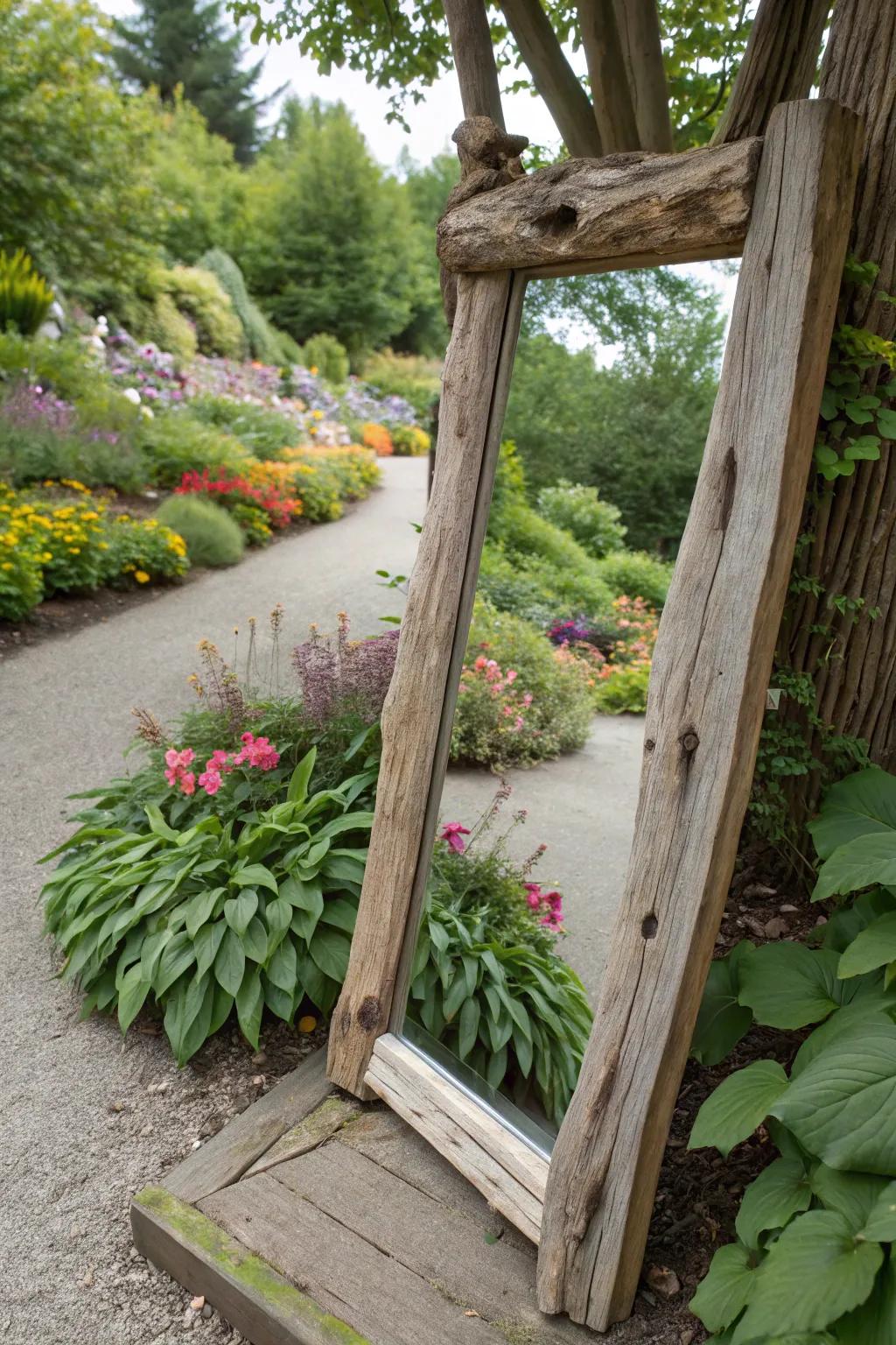 A reflective garden mirror framed with driftwood.