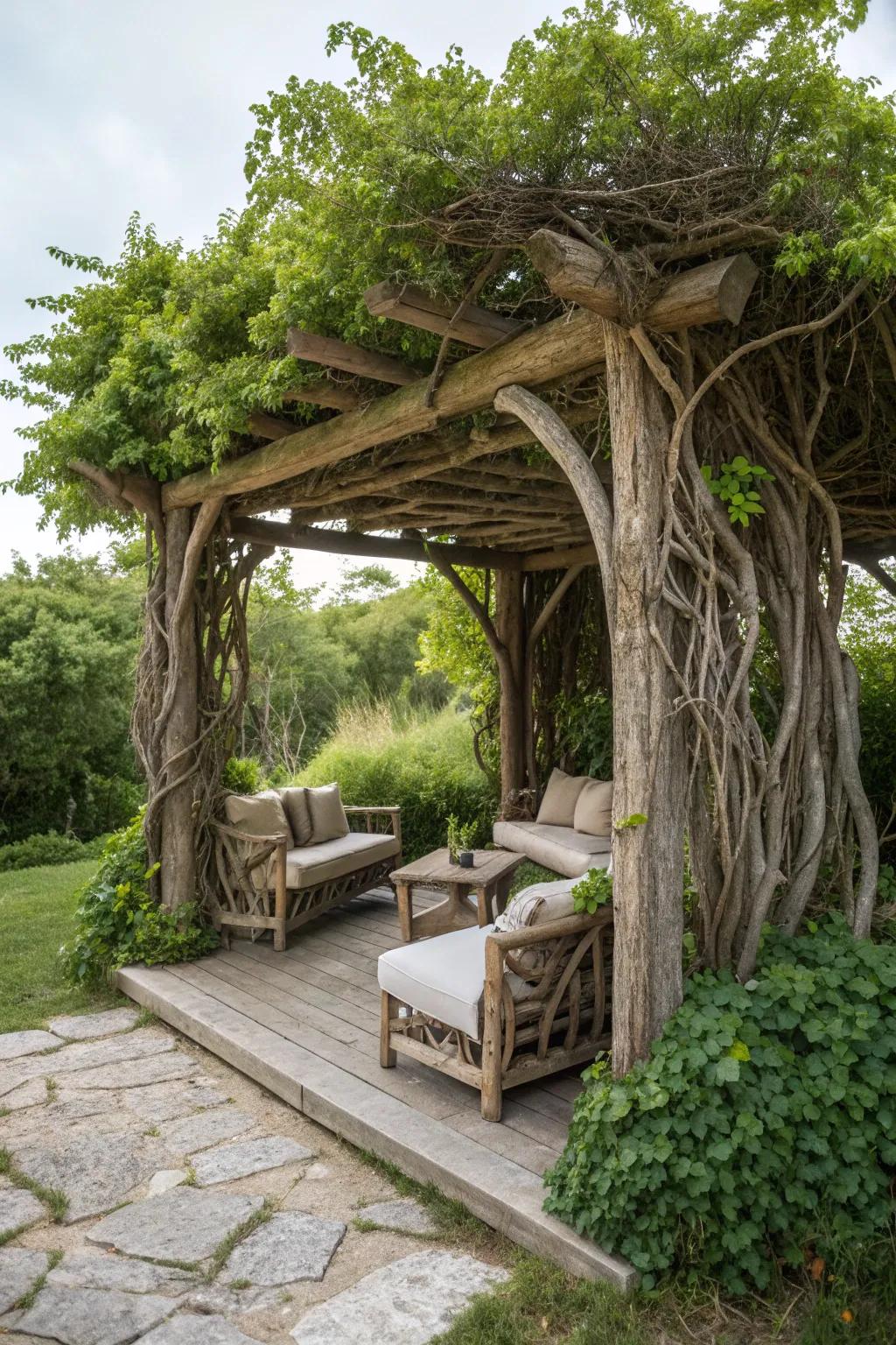 A stunning driftwood pergola creating a garden sanctuary.