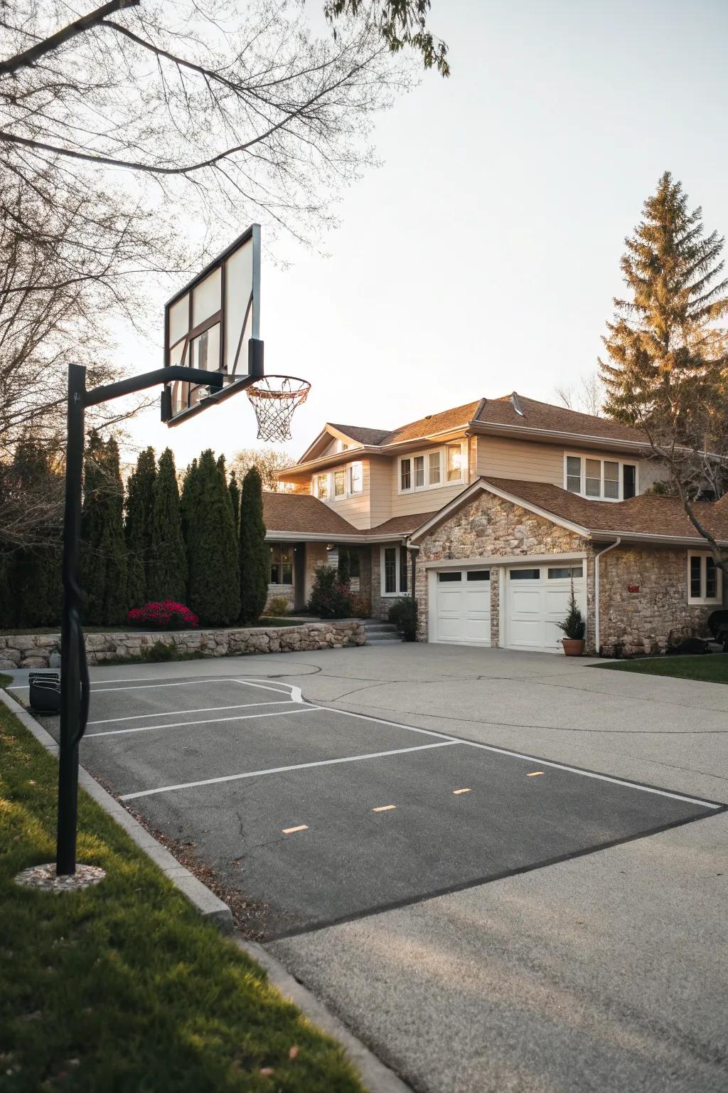 Driveway basketball courts provide recreation and extra parking.