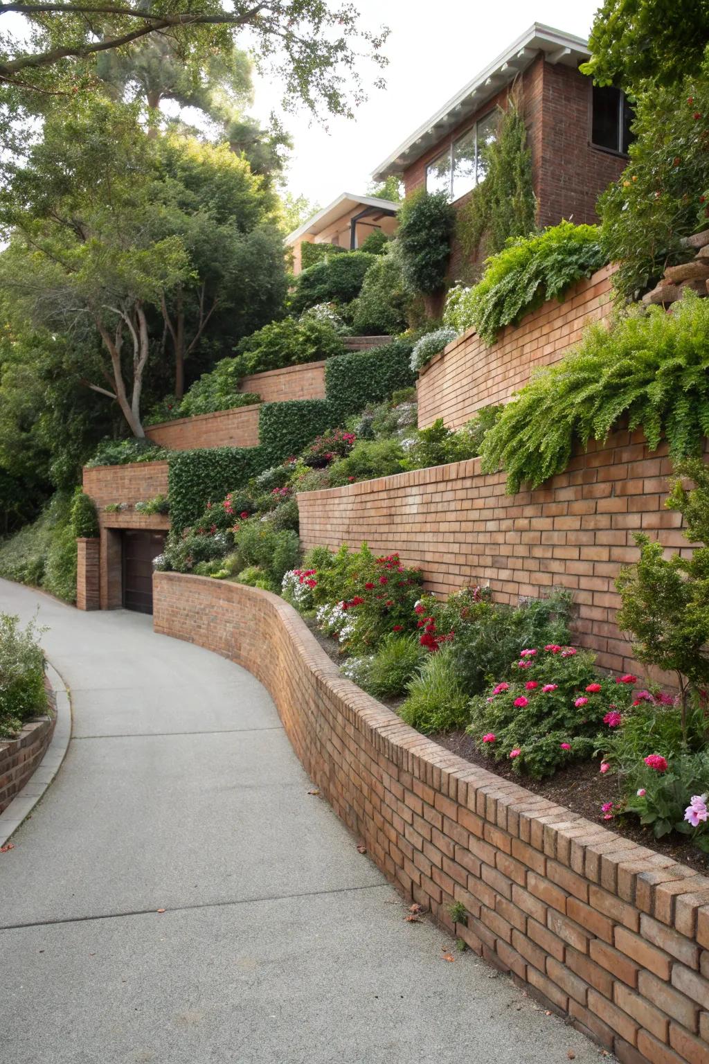 Terraced brick walls add depth and dimension to the driveway.