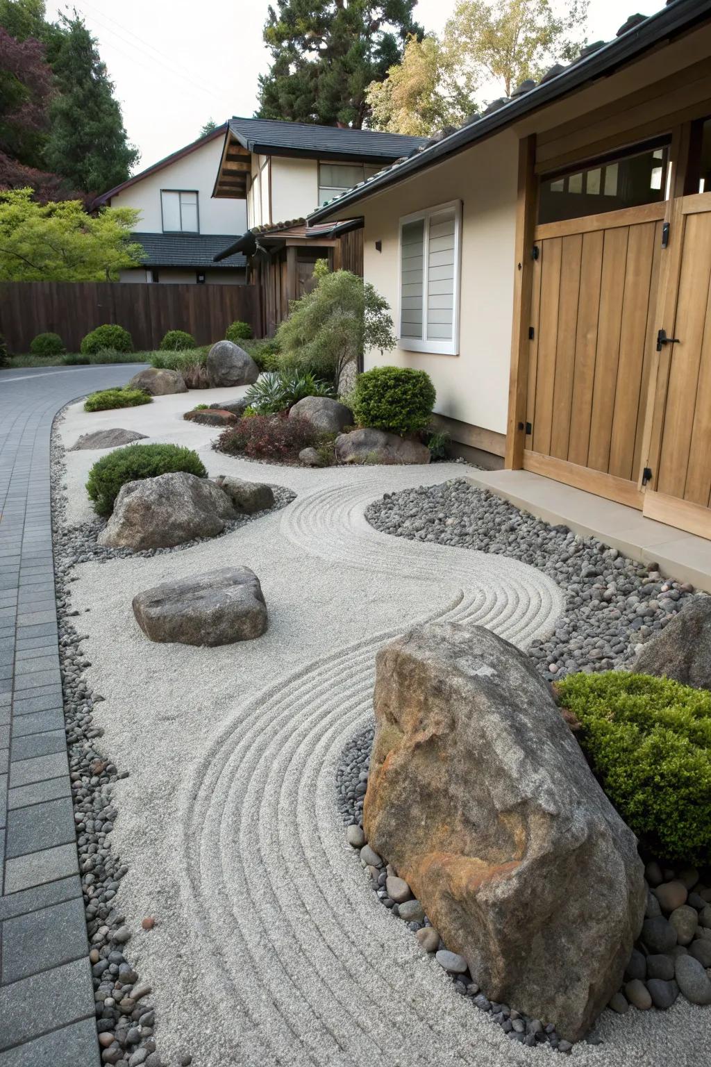 Zen garden elements add tranquility and mindfulness to driveway designs.