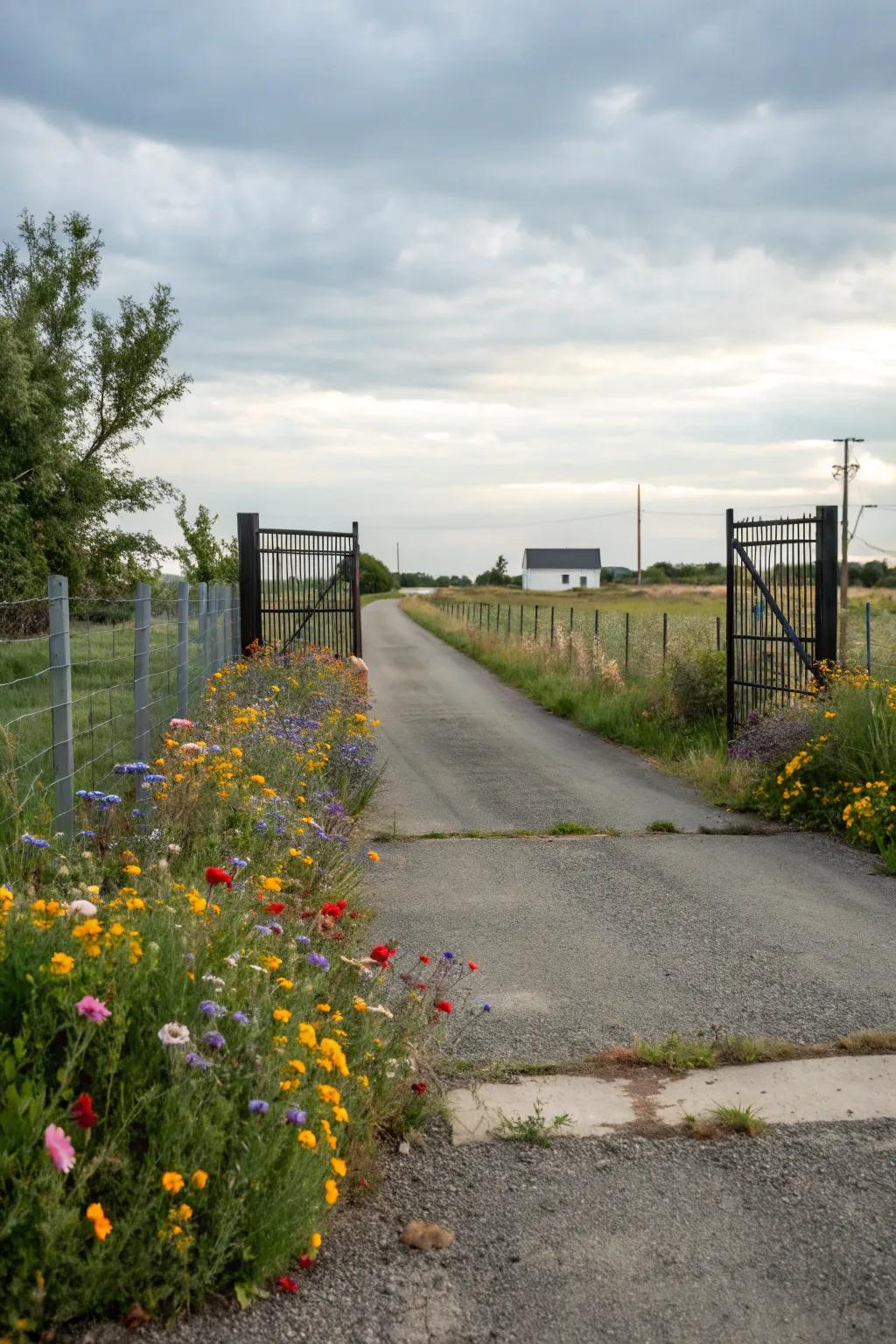 Wildflower patches add color and biodiversity to driveways.