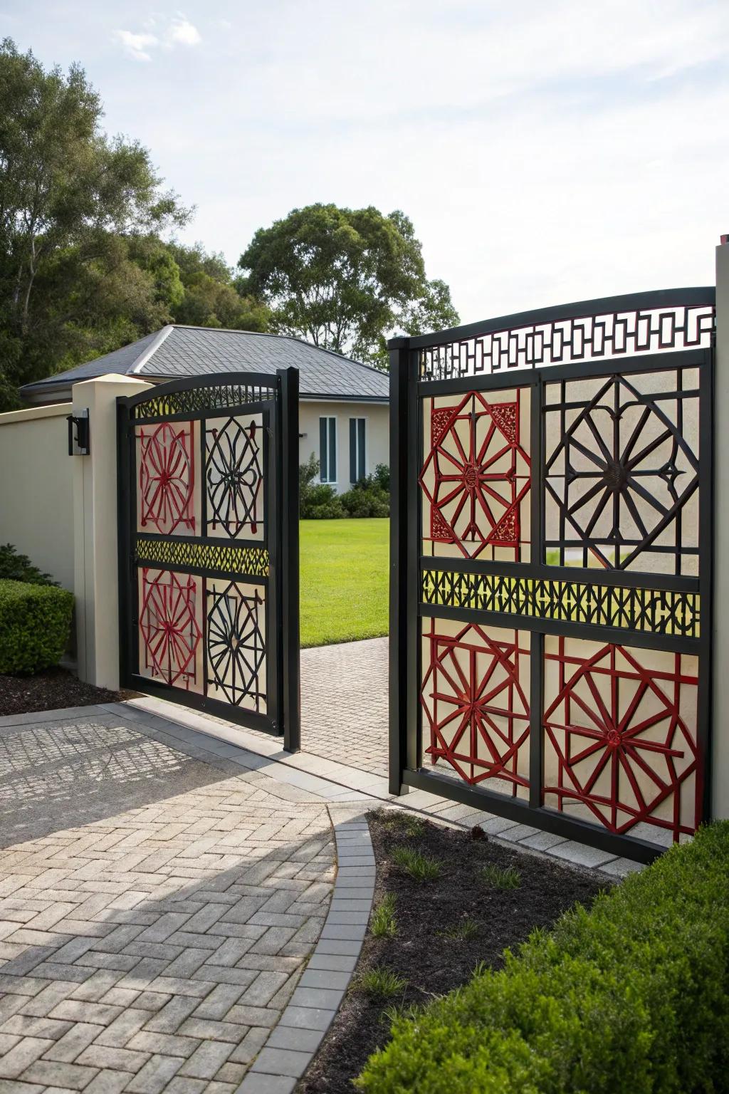 A gate with bold and exciting geometric patterns.