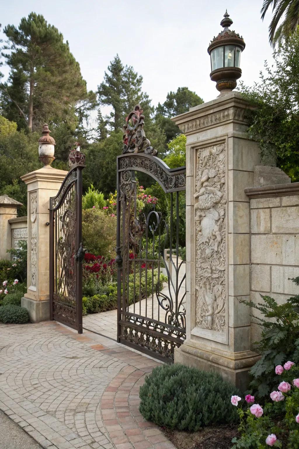 Artistic metalwork adds a touch of elegance to this gate.