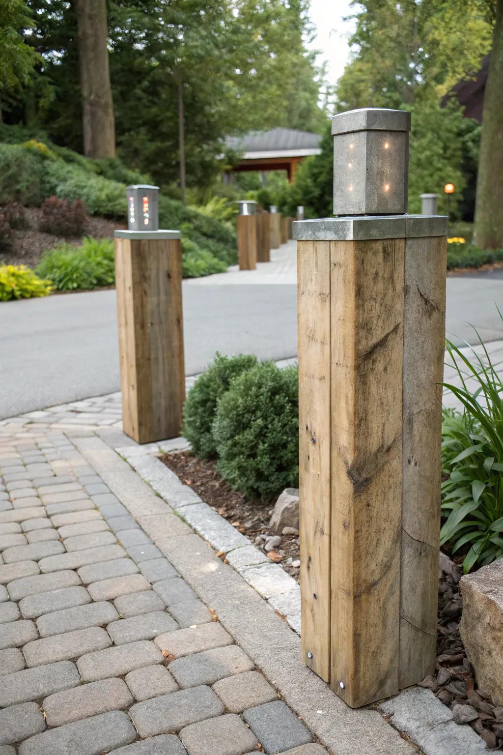 Eco-friendly materials bring character and sustainability to driveway pillars.