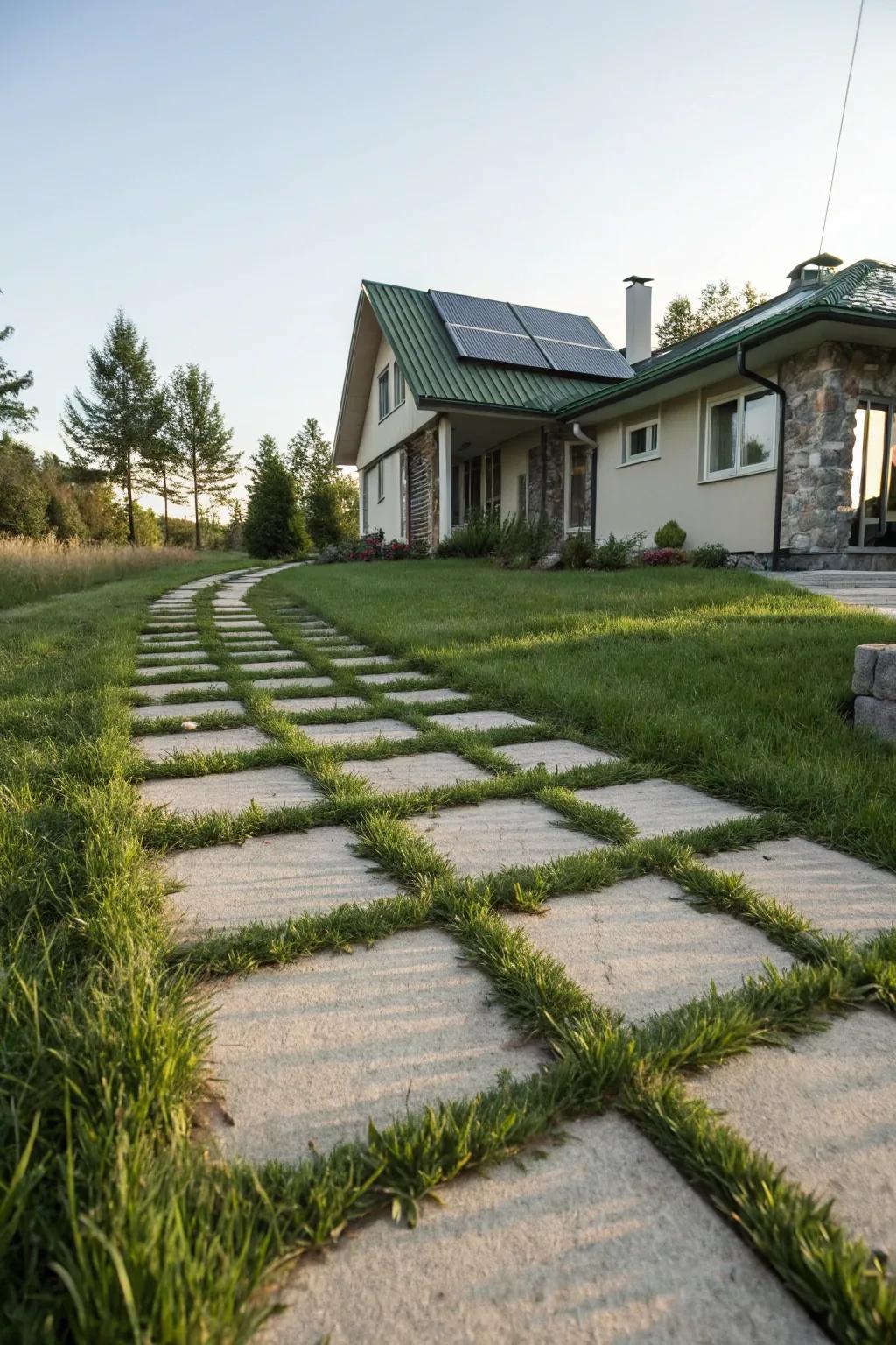 Grass and paver driveways blend greenery with practicality.