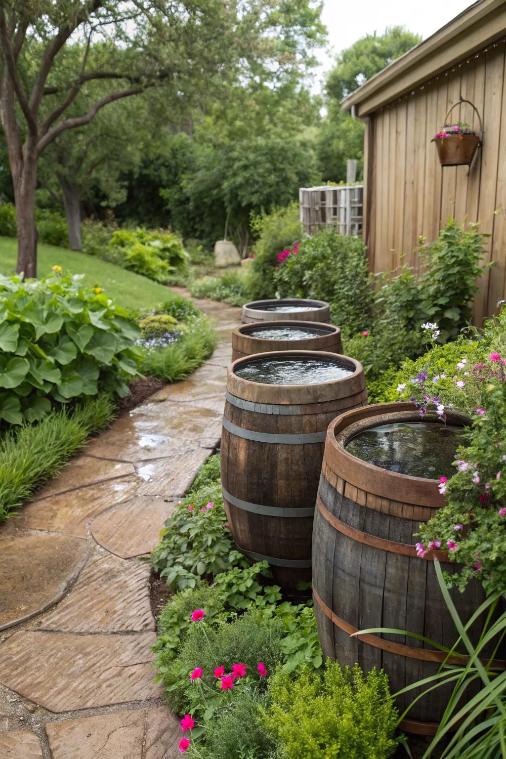 Rainwater harvesting supports sustainable gardening.