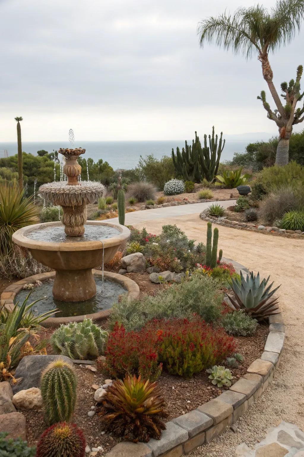 Water features bring tranquility and a refreshing element to dry gardens.