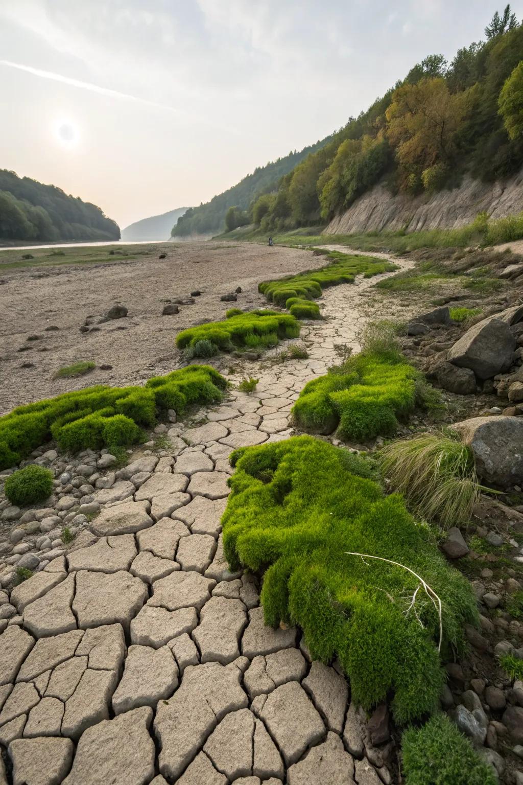 Moss adds greenery and softness to a dry river bed.