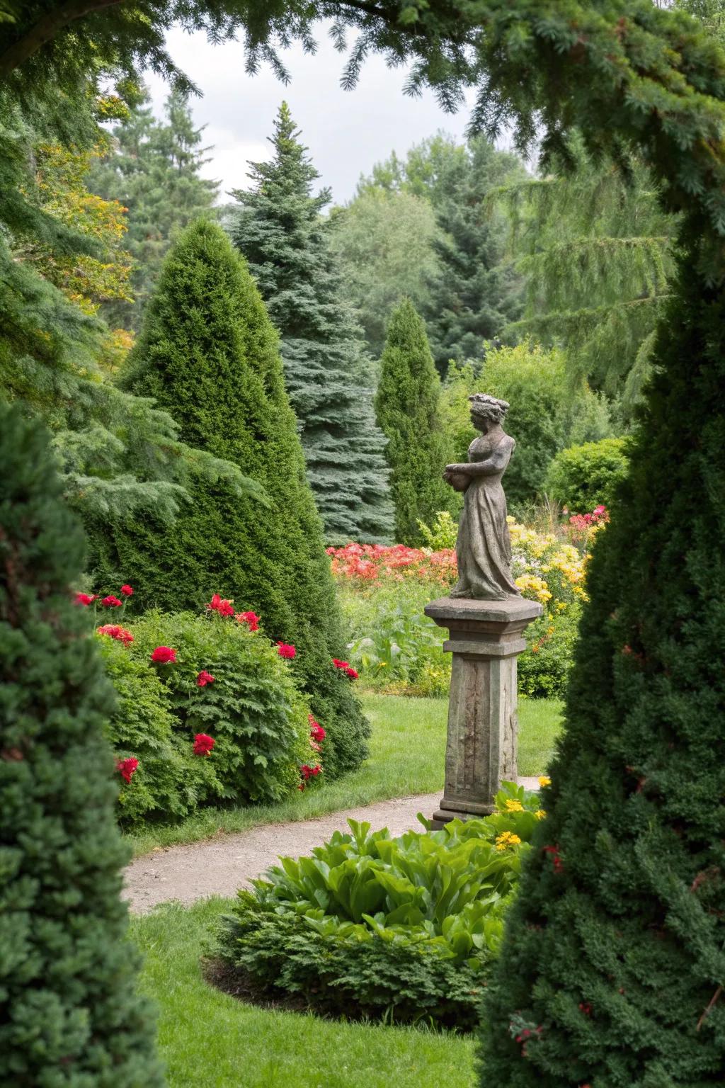 Dwarf Alberta spruce framing a captivating garden sculpture.