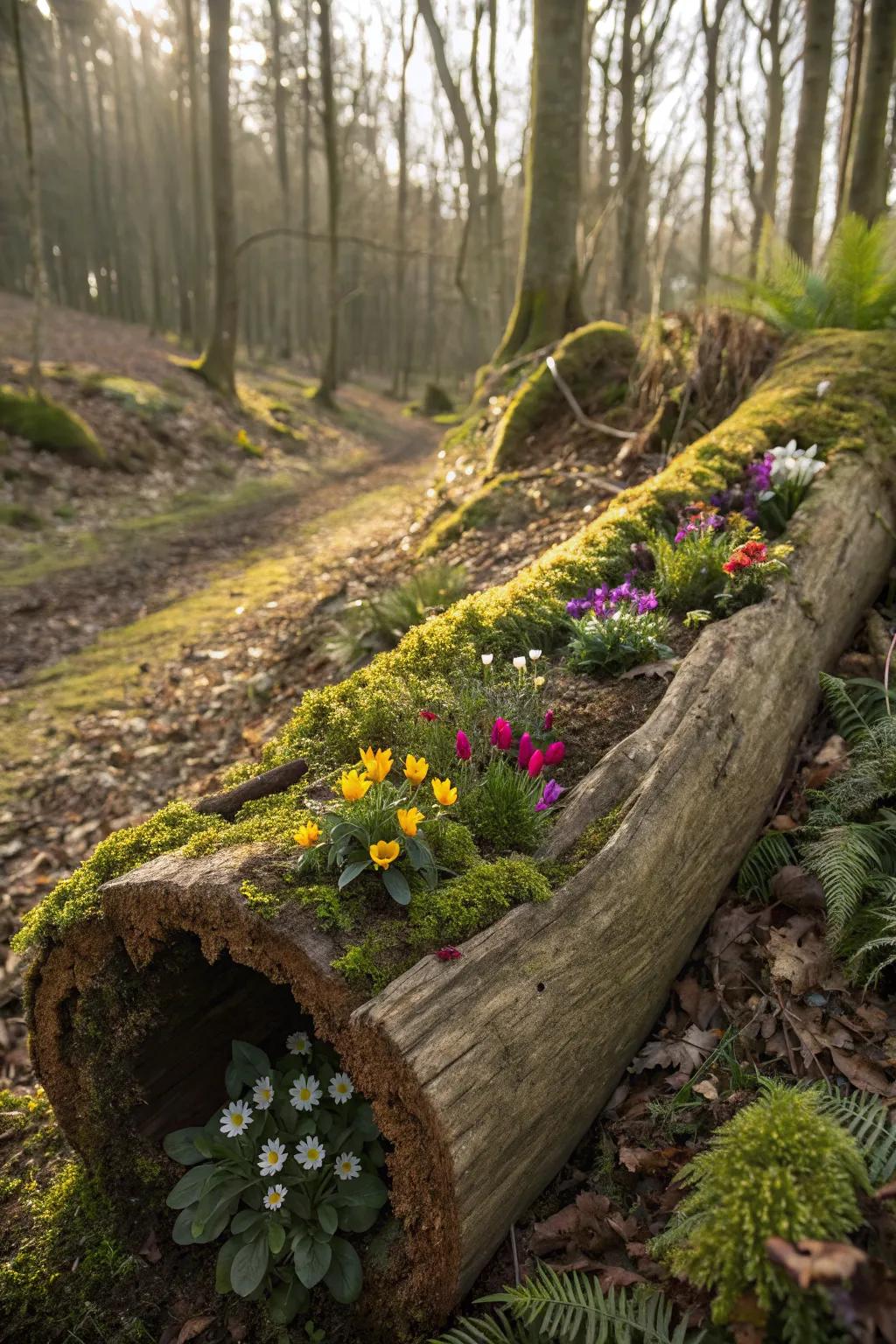 Rustic log planter blending naturally into a woodland setting.