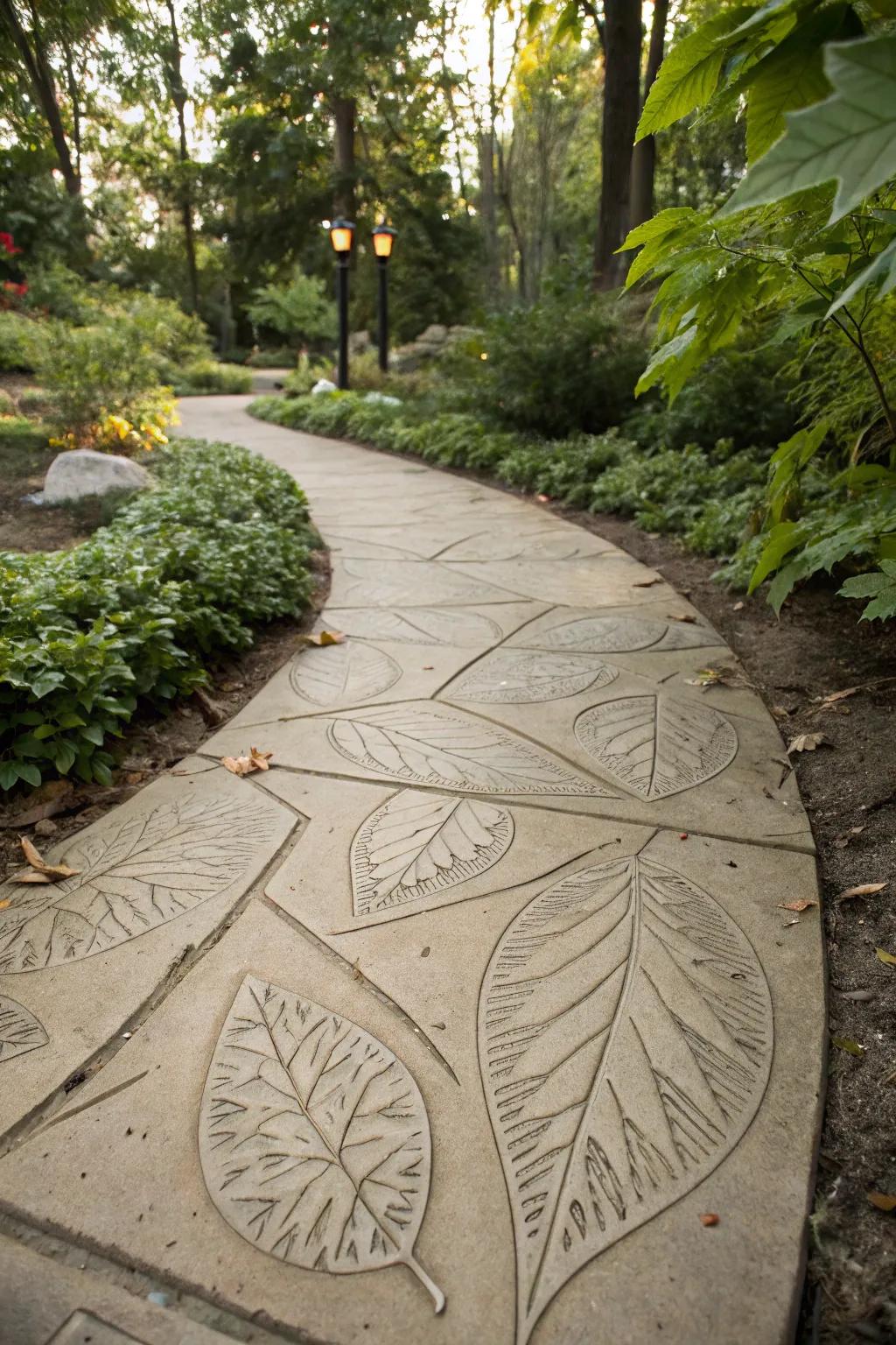 A nature-inspired garden path featuring taupe leaf imprint texture stamped concrete.