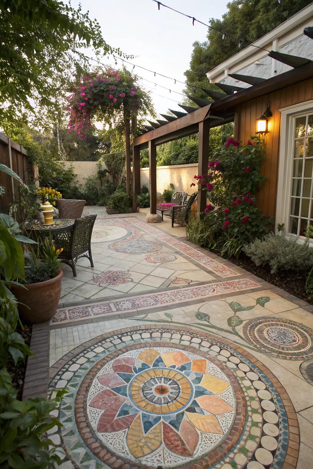 Mosaic designs add a unique artistic touch to patios.