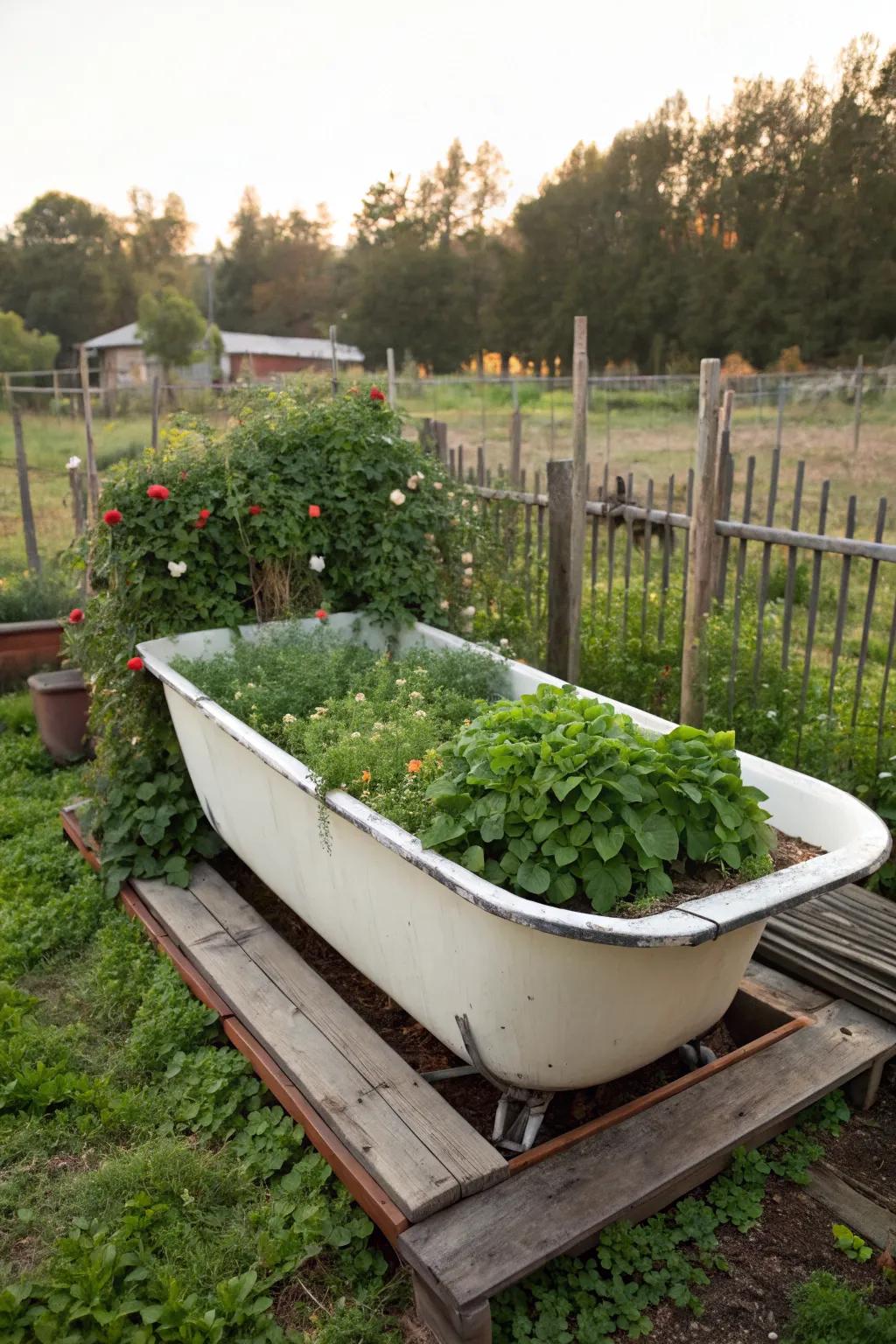 Quirky and creative reclaimed bathtub planter.