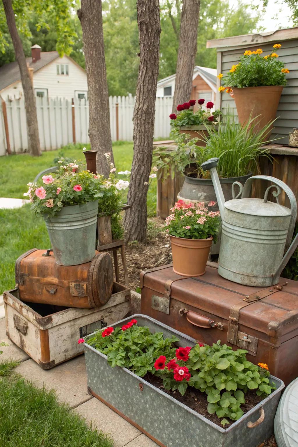 Vintage finds repurposed as planters add nostalgic charm.