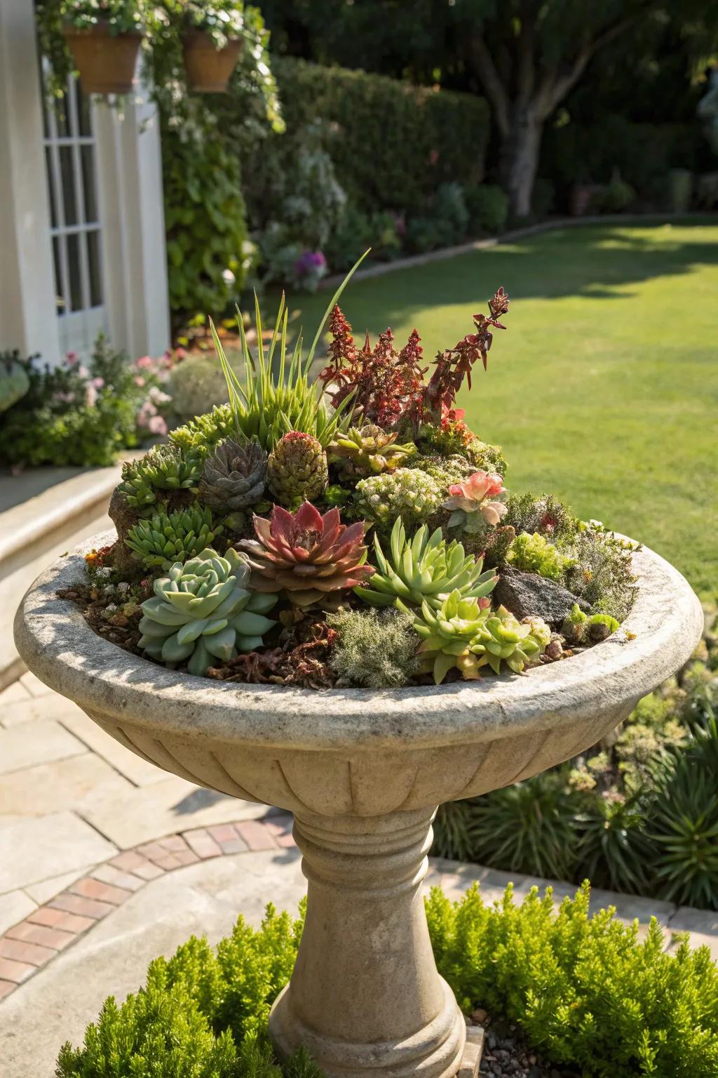 A birdbath repurposed with succulents adds charm and attracts wildlife.